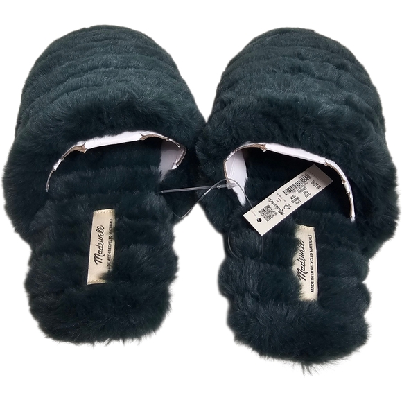NWT Madewell Plush Cozy Faux Fur Slippers - Forest Green Size 10 - Picture 5 of 7